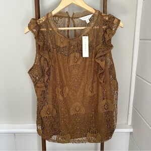 NWT Adiva Lace Ruffle Tank‎ Blouse Top w/Camisole Liner Camel Tan Size Med
